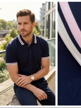Ted Baker Navy Blue Pink White Stripe Collar Knit Polo Shirt Medium